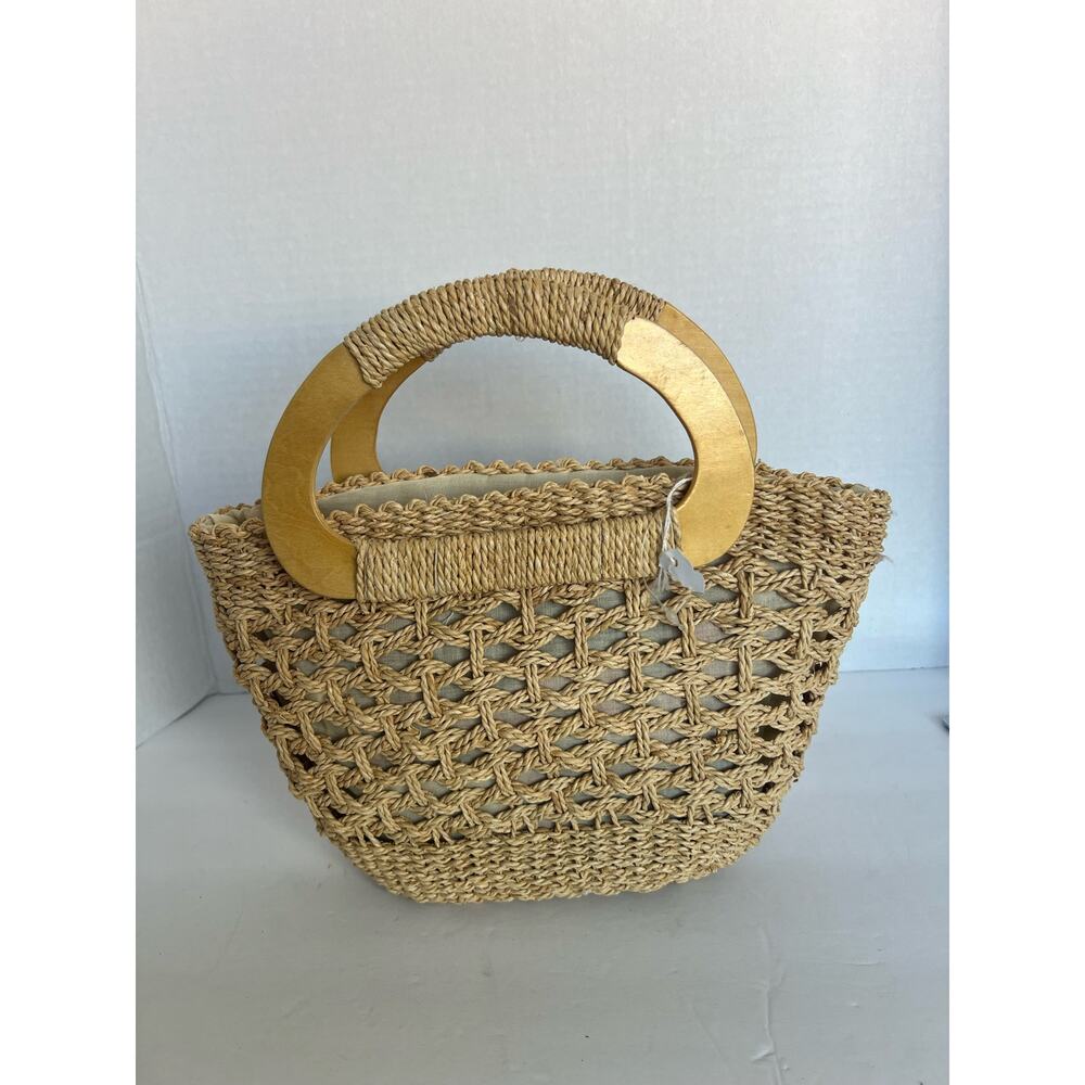 NEW Bohemian Wheat Straw Wood Handle Tan Artisan Handmade Purse‎ Tote Hand Bag